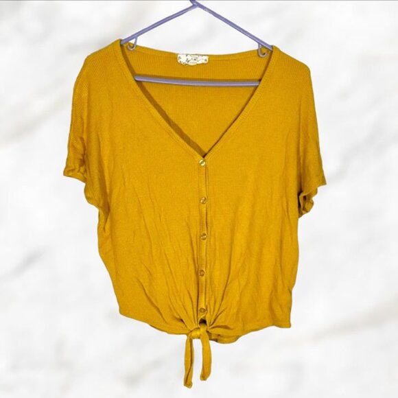 Pink Rose Mustard Yellow‎ Waffle Knit Short Sleeve Button Down Tie Top Size M - Picture 2 of 9